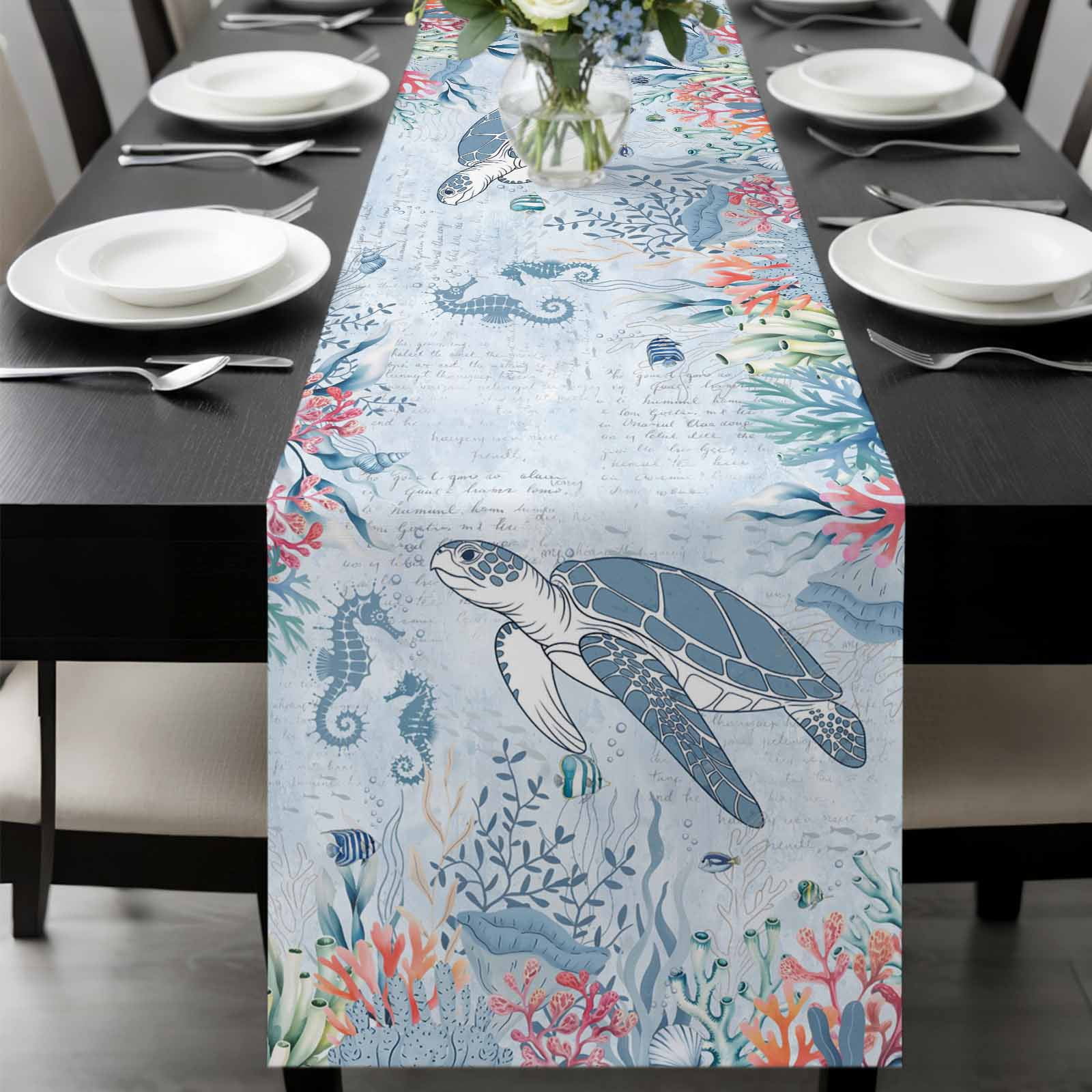 Sea Turtle Table Runner, Watercolor Seaweed Fish Coral Seahorse Blue ...
