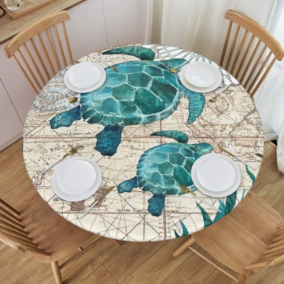 Sea Turtle Tablecloth with Elastic Edge, Round Table Cloth Ocean Theme Washable Reusable Table Cover for Kitchen Dining Party Picnic, Small(Suitable for 40-44 in)
