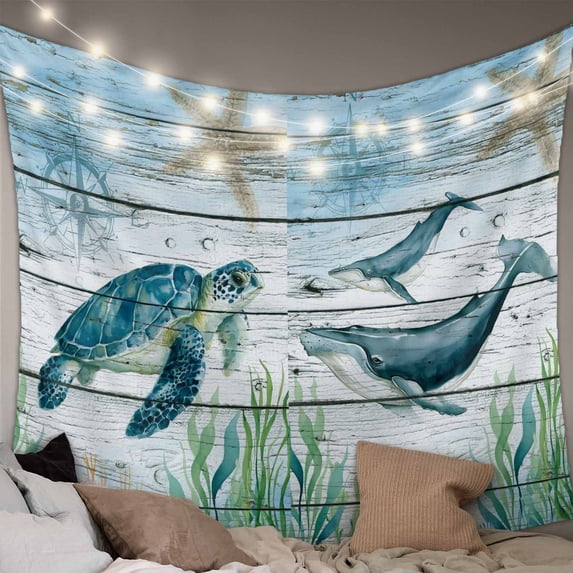 Sea Turtle Tapestry for Bedroom Wall Hanging Tapestry, Coastal Seahorse Whale Octopus Ocean Seagrass Ceiling Backdrop Tapestries Poster Blanket Wall Decor for Teens Room Living Room Dorm 59" x 90"