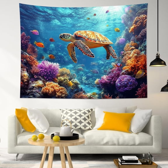 Sea Turtle Tapestry, Tropical Colorful Fish and Coral in Blue Ocean Wall Tapestry for Bedroom, Ocean Animal Wall Art for Kids Living Room Dorm Home Decor Ready to Hanging, 60 x 40 Inches