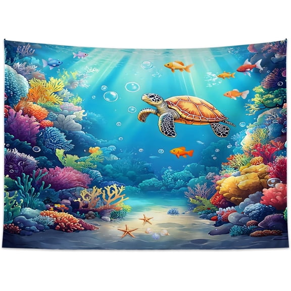 Sea Turtle Tapestry Tropical Coral Reef Fish Ocean Dreams Underwater Marine Life Watercolor Landscape Wall Decor Home Decoration for Bedroom Living Room Dorm 40W30L inches