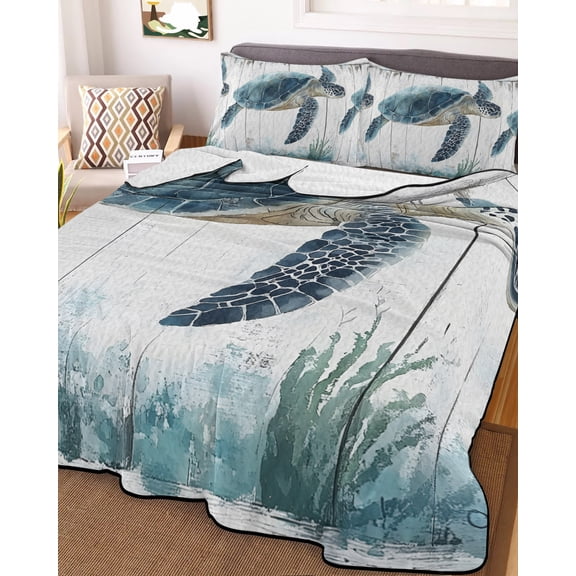 Sea Turtle Teal Blue King Size Down Alternative Comforter, Lightweight Comforter Quilt Bedding Set with Pillow Shams Summer Coastal Ocean Wood Grain All Seasons Bed Comforter Duvet Insert 96"x106"