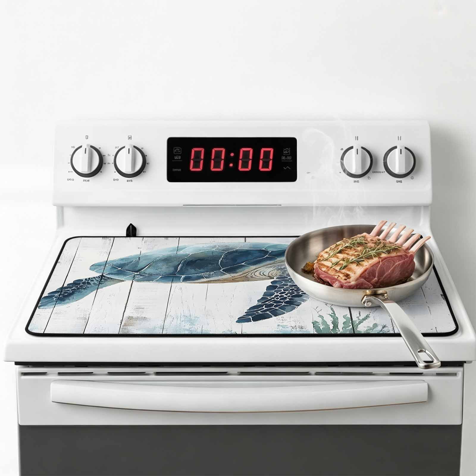 Sea Turtle Teal Blue Stove Top Cover for Electric Stove, Heat-proof & Non Slip Glass Top Stove Cover Protector, Summer Coastal Ocean Wood Grain Kitchen Flat Cooktop Rubber Mat 24x21 Inches