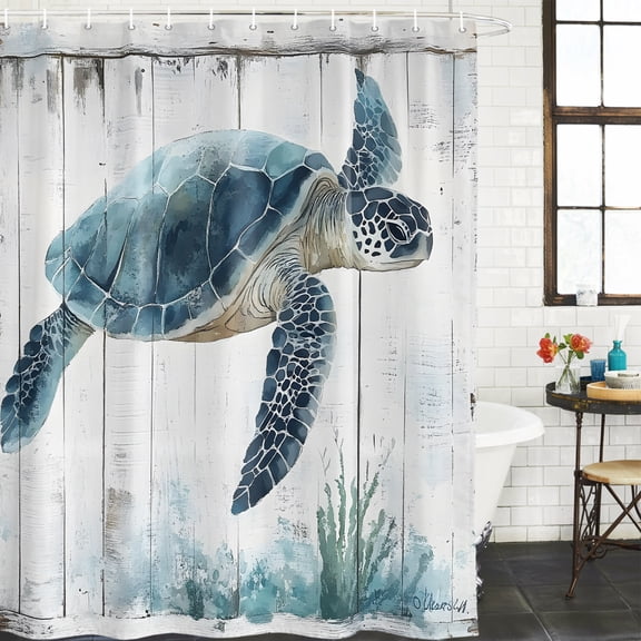 Sea Turtle Teal Blue Waterproof Shower Curtain, Stall 36"x72" Washable Polyester Fabric Shower Curtains for Bathroom, Summer Coastal Ocean Wood Grain Decorative Bathtub Curtain Sets with Hooks