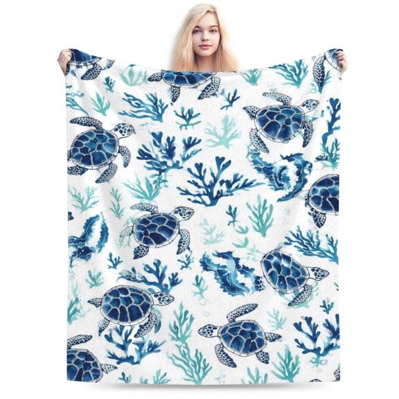 Sea Turtle Throw Blanket Blue Ocean Turtle Coral Printed Blanket Super Soft Flannel Fleece Blankets 50x40