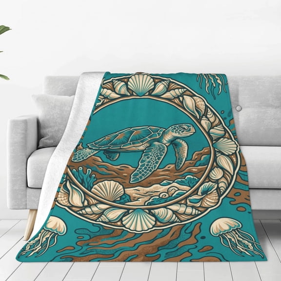 Sea Turtle Throw Blanket - Soft Flannel Coastal Coral Living Room Decor, Cozy Couch Sofa Throw Blanket 50x40