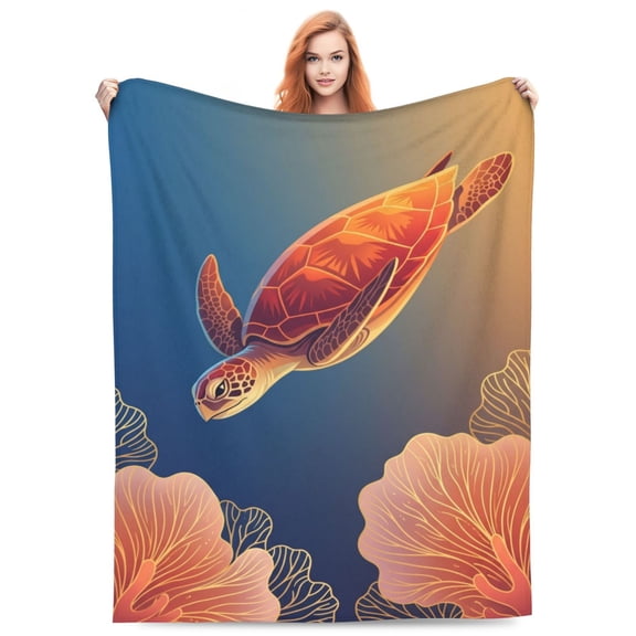 Sea Turtle Throw Blanket, Super Soft Flannel, Cozy Travel Snuggle Blanket with Coral Design 50x40