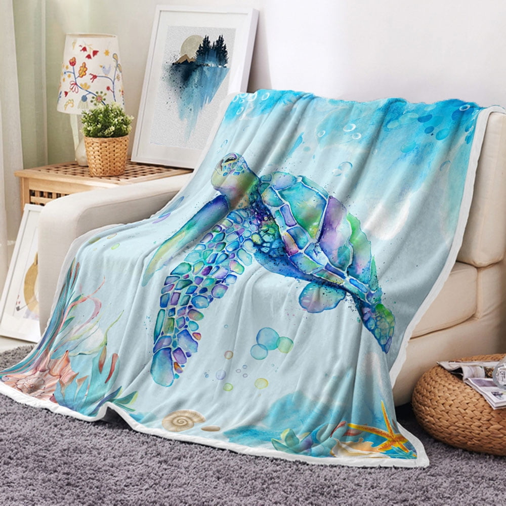 Sea Turtle Throw Blanket Underwater Seaweed Seashell Throw Blanket Marine Animals Teal Ocean Throw Flannel Blankets for Couch Bed Tropical Fish Nautical Turtle Plush Cozy Fuzzy Blanket 50 x 60