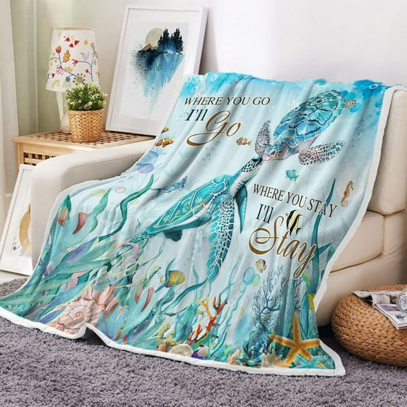 Sea Turtle Throw Blanket, Underwater Seaweed Seashell Throw Blanket, Marine Animals Teal Ocean Throw Blanket, Tropical Fish Throw Flannel Blankets, Nautical Turtle Plush Cozy Fuzzy Blanket 50" x 60"