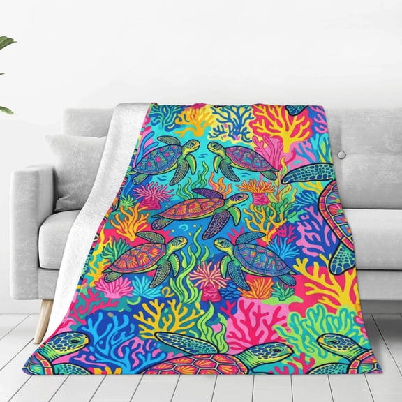 Sea Turtle Throw Blanket for Couch Sofa, Super Soft Cozy All-Season Flannel Throw with Turtles and Coral Coastal Decor 50x40