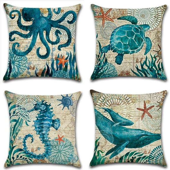 Sea Turtle Throw Pillow Case Mediterranean Style Sea Theme Decorative Square Cotton Linen Cushion Cover 18 X 18 Inch