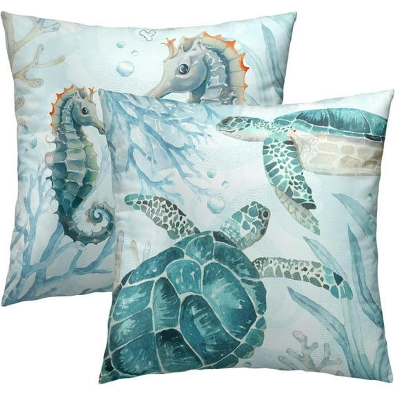 Sea Turtle Throw Pillow Covers 16 x 16 Inch Set of 2 - Ocean Animal Themed Decorative Pillows Soft Cotton Linen Cushion Cases for Couch Sofa Chair Bedroom Outdoor Home Decor