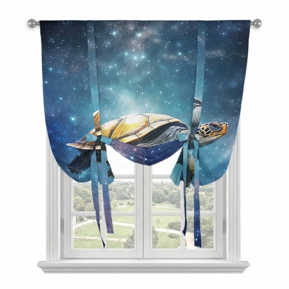 Sea Turtle Tie Up Curtains for Windows, Adjustable Rod Pocket Valance Shade, Coastal Blue Ombre Star Sky Light Filtering Window Treatment for Kitchen Bedroom Living Room 42"x 45"