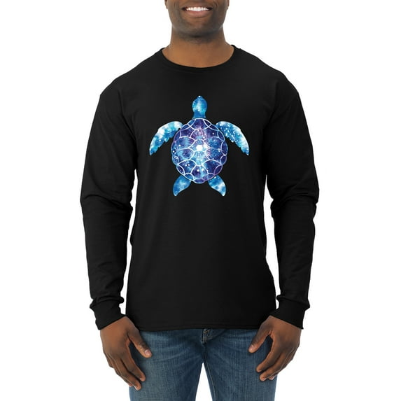 Sea Turtle Tie Dye Art Animal Lover Mens Long Sleeve Shirt, Black, 2XL