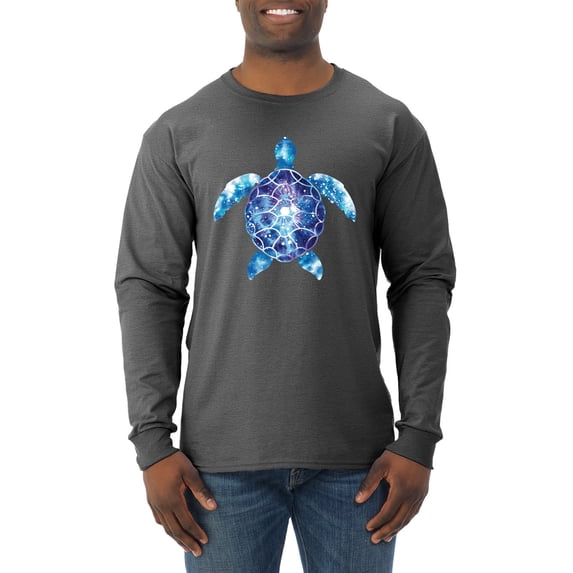 Sea Turtle Tie Dye Art Animal Lover Mens Long Sleeve Shirt, Heather Black, 3XL