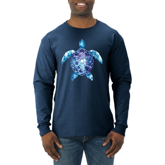 Sea Turtle Tie Dye Art Animal Lover Mens Long Sleeve Shirt, Vintage Heather Navy, 2XL