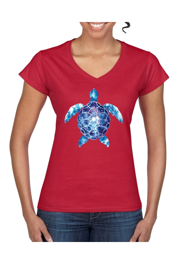 Sea Turtle Tie Dye Art Animal Lover Womenâ€™s Standard V-Neck Tee, Red, Large