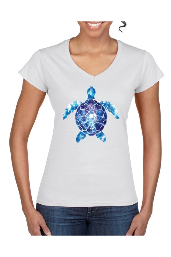Sea Turtle Tie Dye Art Animal Lover Women’s Standard V-Neck Tee, White, Small