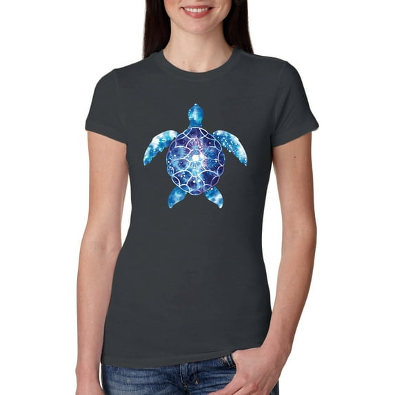 Sea Turtle Tie Dye Art Animal Lover Womens Slim Fit Junior Tee, Dark Grey, Small