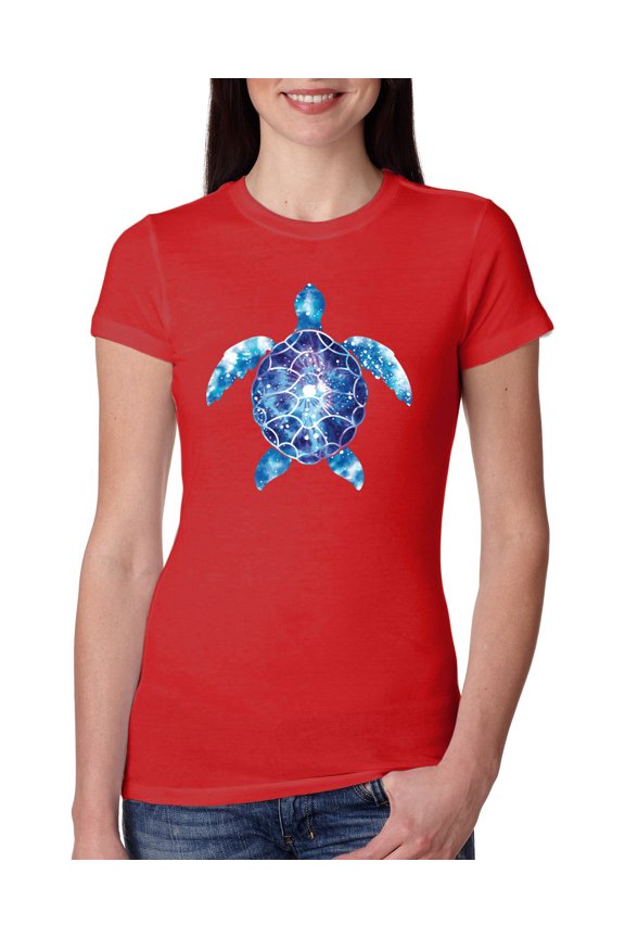 Sea Turtle Tie Dye Art Animal Lover Womens Slim Fit Junior Tee, Red, Small