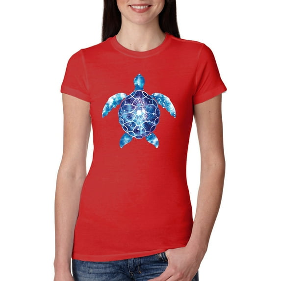Sea Turtle Tie Dye Art Animal Lover Womens Slim Fit Junior Tee, Red, X-Large