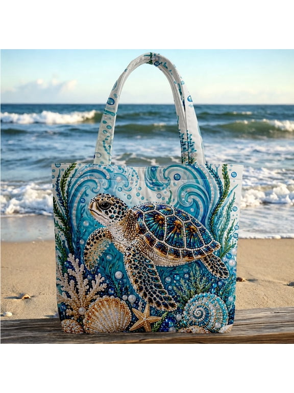 Sea Turtle Tote Bag Canvas Beach Bag Quilted Shoulder Purse for Women Coastal Ocean Themed Travel Handbag with Zipper for Vacation, 1-Pack,Blue#01,Blue#06