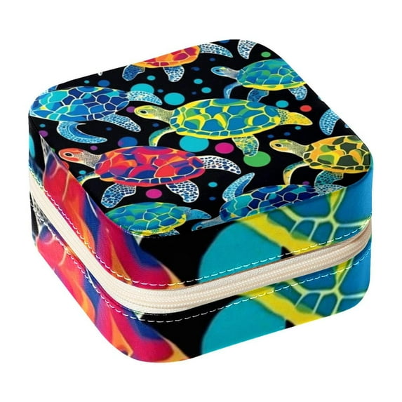 Sea Turtle Travel Portable Square Jewelry Box Organizer Earring Necklace Bracelet Holder Decorative Display Case Stand Storage Box
