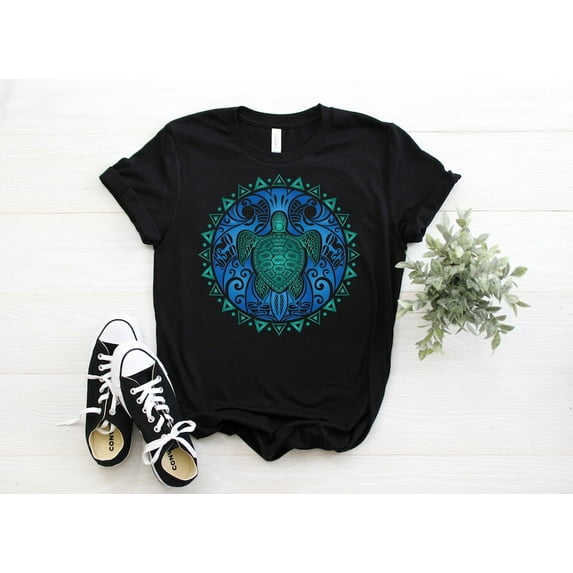 Sea Turtle Tribal Hawaiian T-shirt, Save A Turtle Lovers Gifts, Maori Sun Honu Ocean Blue Island Tattoo Style