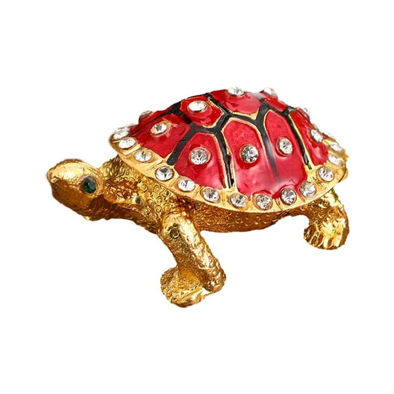 Sea Turtle Trinket Box with Sparkling Crystals,Hand-painted Hinged Jewelry Storage Box Ring Holder Figurine Collectible for Home and Office Decoration-Lightweight Metal Crafts Ornament(Red)