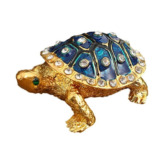 Sea Turtle Trinket Box with Sparkling Crystals,Hand-painted Hinged Jewelry Storage Box Ring Holder Figurine Collectible for Home and Office Decoration-Lightweight Metal Crafts Ornament(Blue)