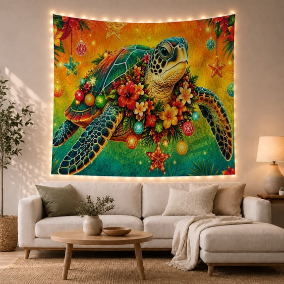 Sea Turtle in a Tropical Celebration, Whimsical Retro for Ocean Lovers, Colorful Marine Decor, Christmas Gift, Tapestry Wall Hanging for Bedroom and Living Room