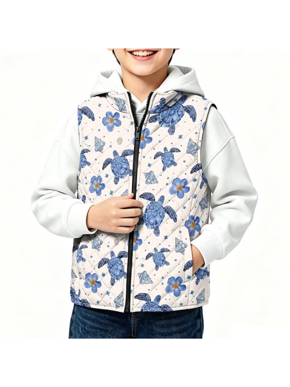 Sea Turtle Tropical Flower Boys Puffer Vest Sleeveless Zip Up Jacket, 2Y, Sleeveless Gilet with Pockets, Lightweight Quilted Outer Jacket for Toddler Children, Stand Collar, Fall Winter Outwear