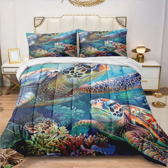 Sea Turtle Tropical Marine Plants Underwater World (85) Comforter Set With 2 Pillowcases,3 Pcs Bedding For Adults Comforter Set For Bedroom Bed Decor Queen Size