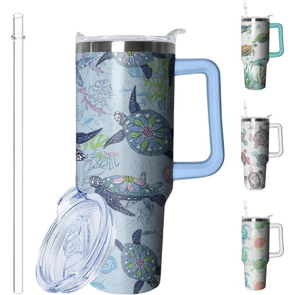 Sea Turtle Tumbler with Handle and Straw, 40oz Ocean Travel Coffee Mug Water Bottle with Lid and Straw, Stainless Steel Insulated Cup, Birthday Gifts for Women Animal Lovers