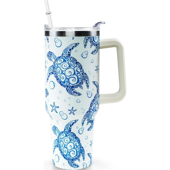 Sea Turtle Tumbler With Lid and Straw Stainless Steel 40oz Turtle Tumbler with Handle Ocean Insulated Turtle Cups Coffee Mug Travel Tumbler Sea Turtle Gifts for Women
