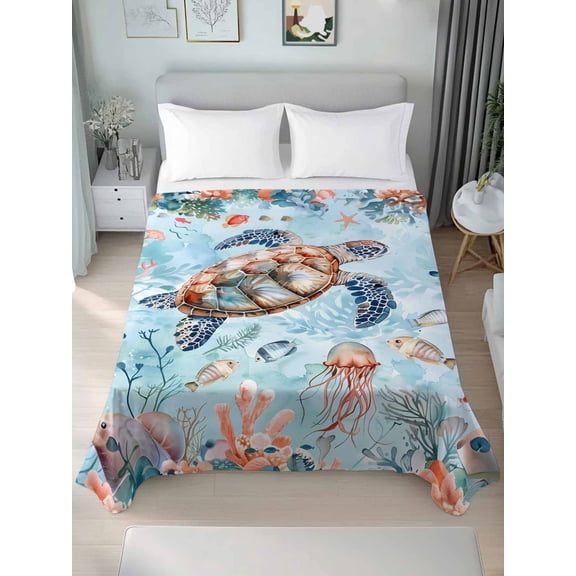 Sea Turtle Twim XL Size Flat Sheet, Wrinkleproof & Fadeproof Cooling Flat Bed Sheet Only, Summer Beach Coastal Nautical Coral Blue Red Breathable Soft Bedding Top Sheets 66 x 102 Inches