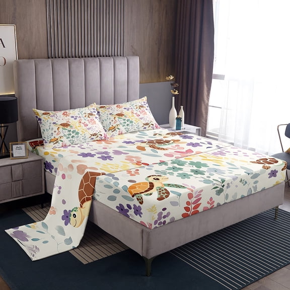 Sea Turtle Twin Bed&nbsp;Sheets Set,Colorful Flower Turtle Bedding Set for Kids Girls Boys,Marine Ocean Life Nautical Sheets Watercolor Floral Leaf Fitted Sheet Set 3Pcs