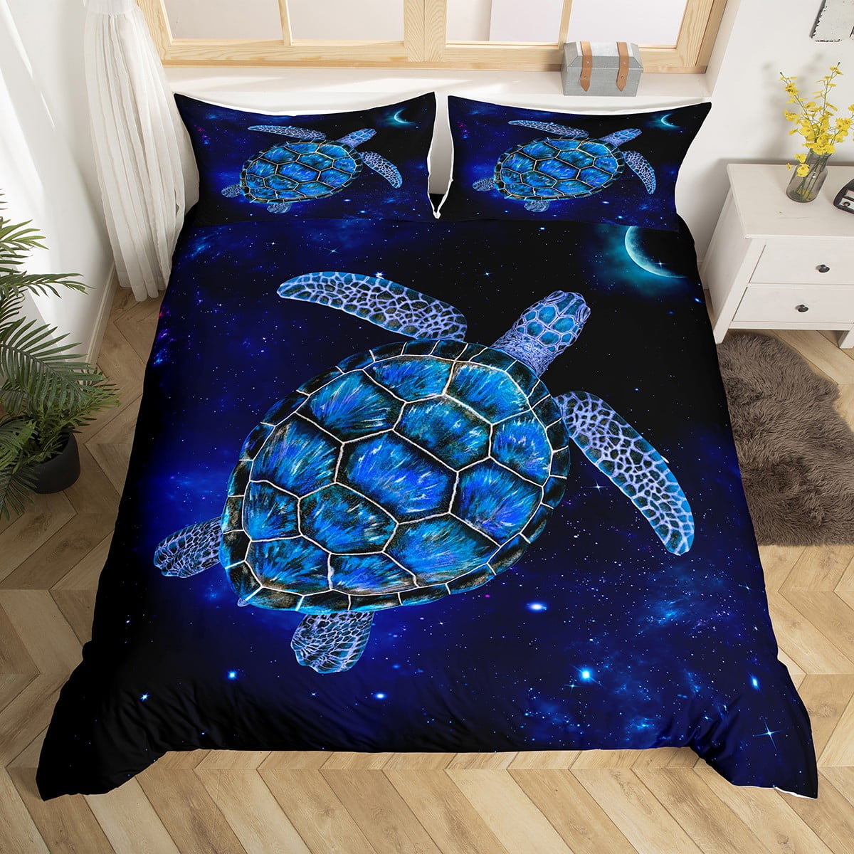 Sea Turtle Twin Bedding Set for Boys,Exotic Tortoise Comforter Cover Blue Galaxy Moon Duvet