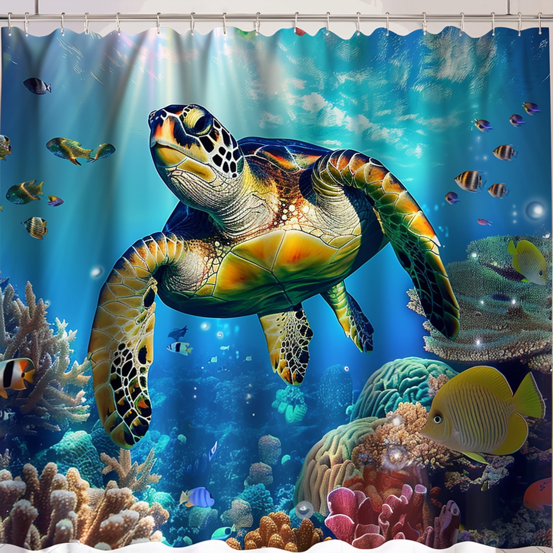Sea Turtle Underwater Coral Reef Shower Curtain Tropical Fish Bathroom