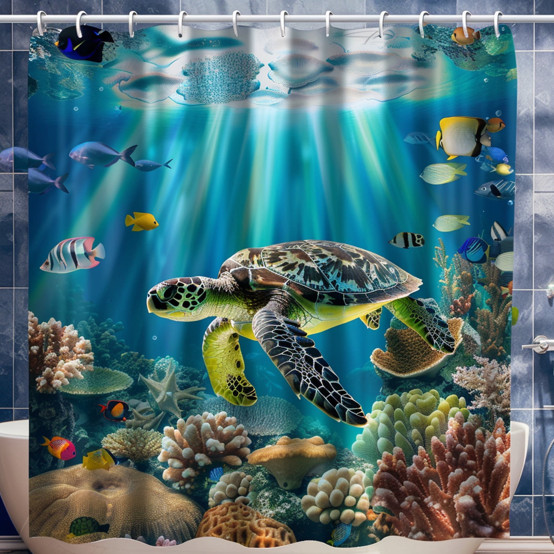 Sea Turtle Underwater Coral Reef Shower Curtain Tropical Fish Bathroom