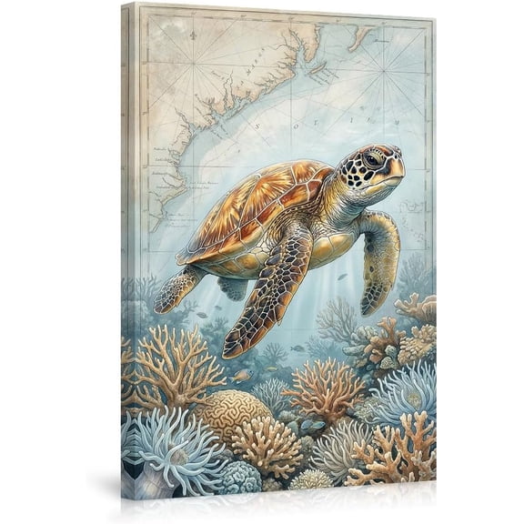 Sea Turtle Underwater Map Wall Art Poster Print Ocean Coral Reef Decor Marine Life Decorative Artwork Gift for Bedroom Bathroom Living Room-
