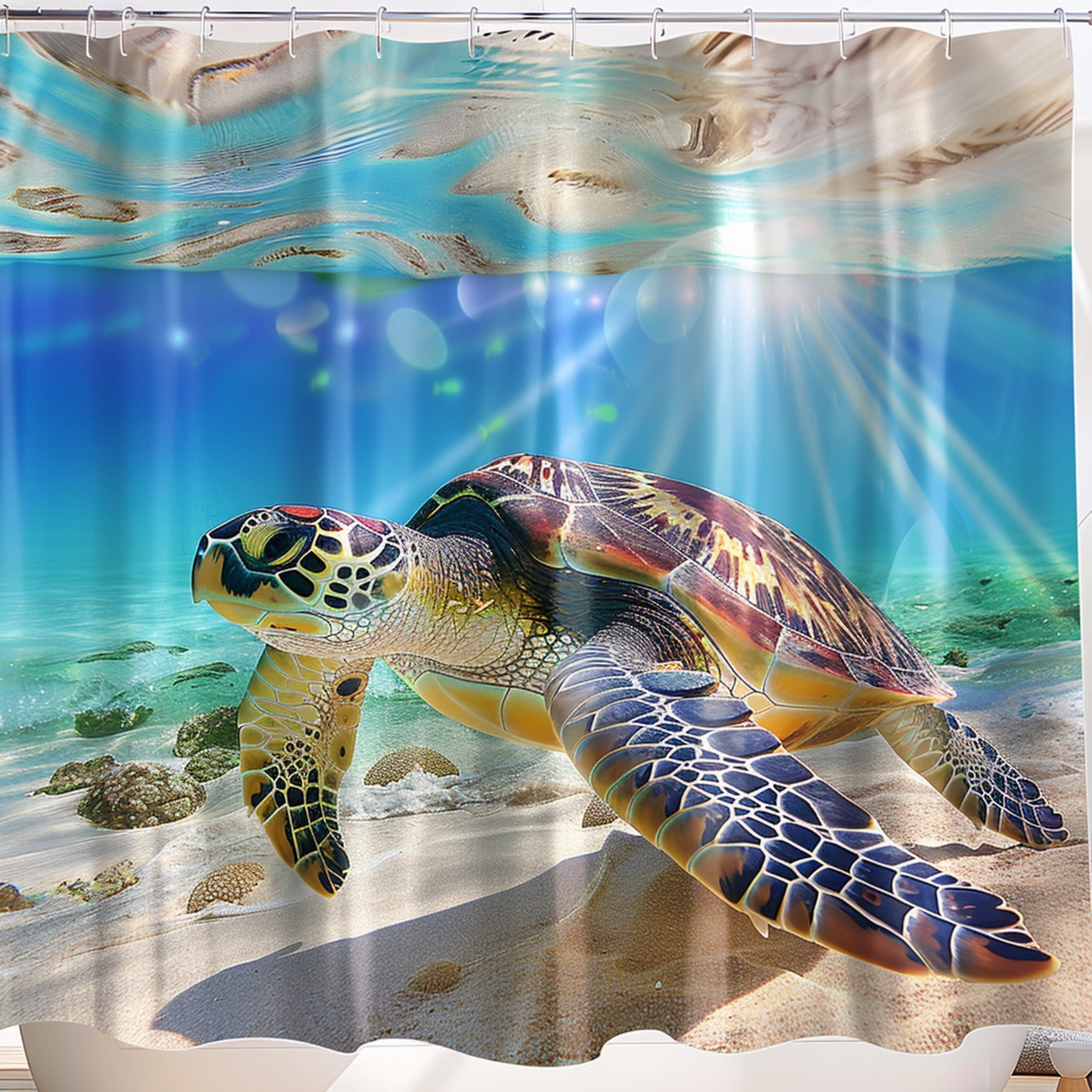 Sea Turtle Underwater Scene Shower Curtain Beach Bathroom Decor with