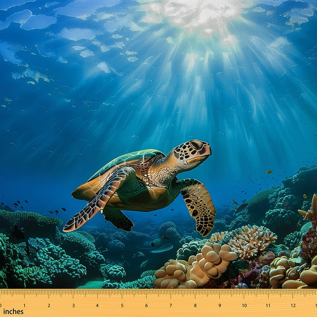 Sea Turtle Upholstery Fabric,Marine Animal Material by the Yards for Upholstery and Home Accents,Underwater World Indoor Fabric,Colorful Coral Quilting Fabric by the Yards,1 Yard,Blue