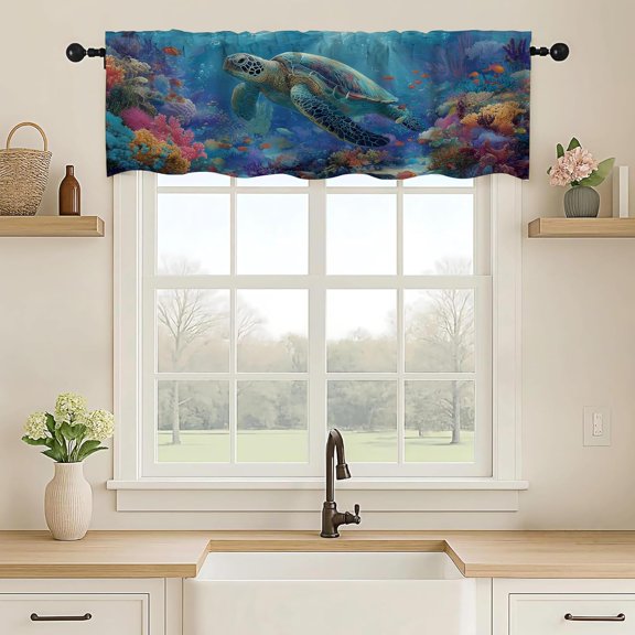 Sea Turtle Valance Curtains 18x54 Inch,1 Panel,Windows Rod Pocket Valance Window Treatment for Kitchen,Bedroom Living Room,Bathroom,RV,Home Decor,Colorful Ocean Life Animal