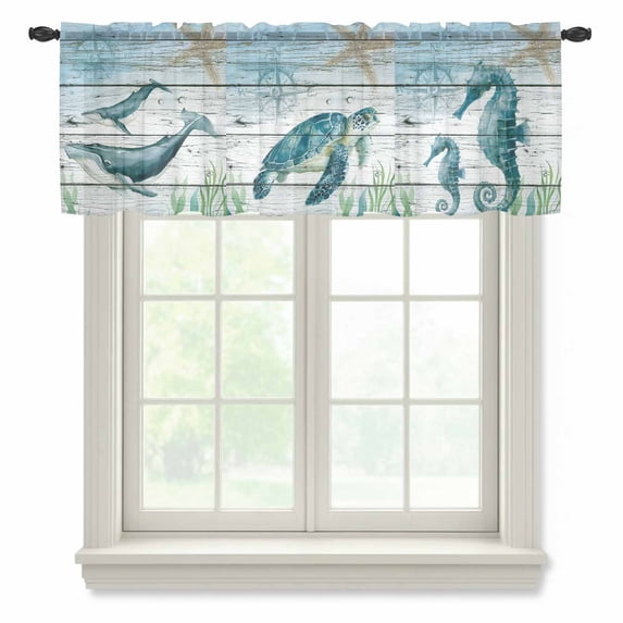 Sea Turtle Valance Curtains for Kitchen/Living Room/Bathroom/Bedroom Window, Rod Pocket Small Topper Half Short Window Curtains Sheer Scarf, Coastal Seahorse Whale Octopus Ocean Seagrass 54"x18"