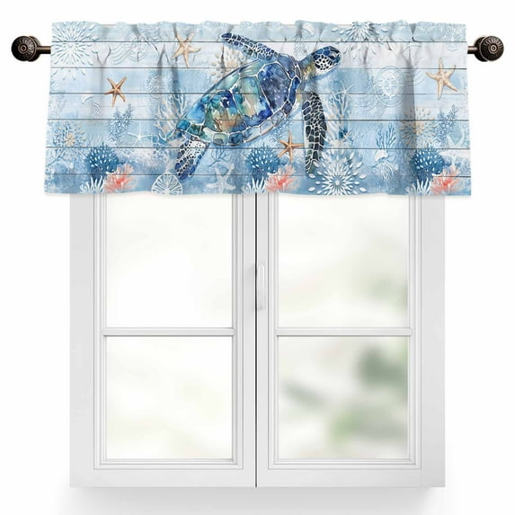 Sea Turtle Valances for Windows, 42 x 18in, Ocean Starfish Coral Blue Wood Grain Rod Pocket Kitchen Valance Curtain Light Filtering Window Treatments for Living Room Bedroom, 1 Panel