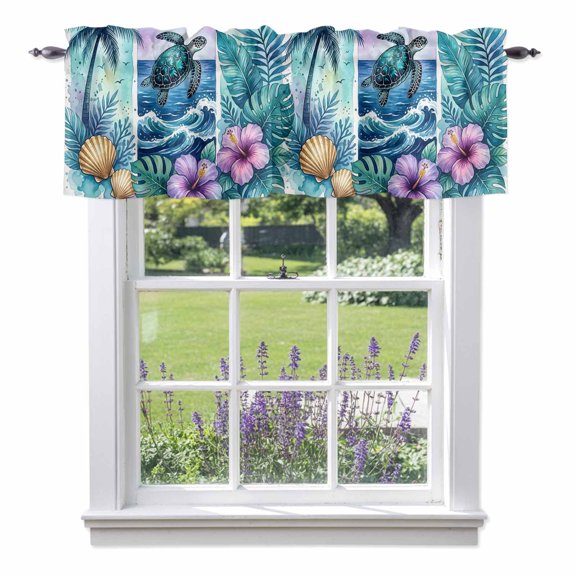 Sea Turtle Valances for Windows Nautical Tropical Ocean Beach Green Tree Leaf Flower Shell Rod Pocket Cafe Window Treatments Valance Curtains for Kitchen Bathroom Laundry Basement Windows 42"x12"