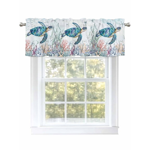 Sea Turtle Valances for Windows, Rod Pocket Kitchen Valance Curtains - Soft & Washable Small Window Treatment for Living Room,&nbsp;Bathroom, Ocean Coral Seagrass , 42x12 Inch, 1 Panel