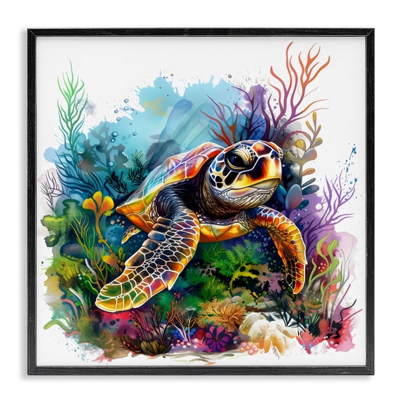 Stupell Industries Sea Turtle & Vivid Coral Reef Black Framed Giclee Art, design by LSR Design Studio, 17 x 17