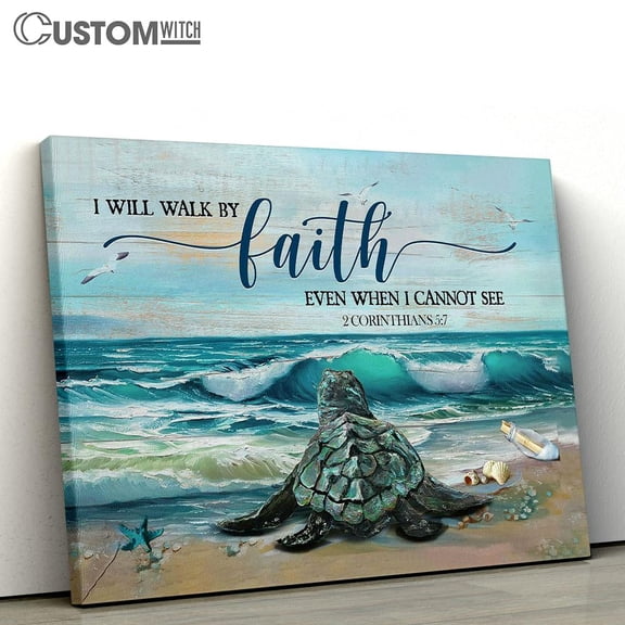 Sea Turtle Walk By Faith Christian Framed Canvas Wall Art, Bible Verse Scripture Print, Inspirational Religious Wall Decor Gift